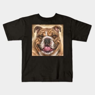 Painting of a White and Brown Bulldog Smiling on Beige Background Kids T-Shirt